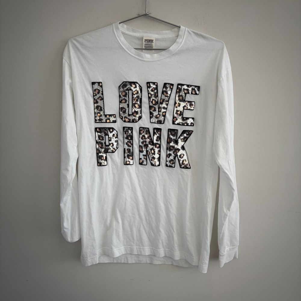Pink Victoria's Secret White Long Sleeve Sequin Leopard Graphic T-Shirt XS